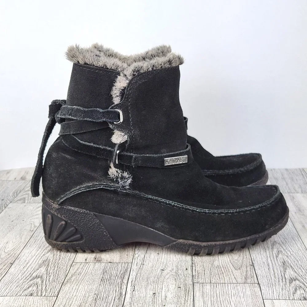 Khombu Womens Ankle Boots Size 7 Black Leather Faux Fur Collar, Leather Tie Up